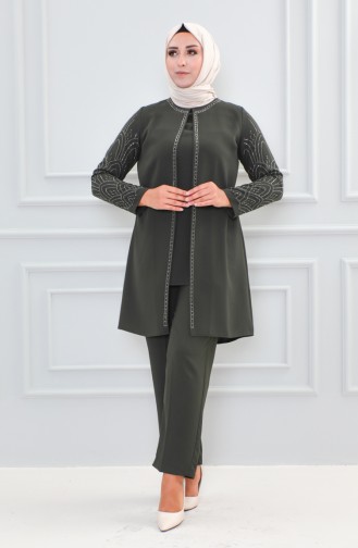 Large Size Stone Printed Evening Dress Suit 6121-03 Khaki 6121-03