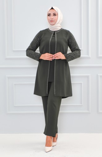 Großer Abendkleid-Anzug Mit Steinmuster 6121-03 Khaki 6121-03
