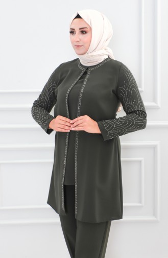 Großer Abendkleid-Anzug Mit Steinmuster 6121-03 Khaki 6121-03