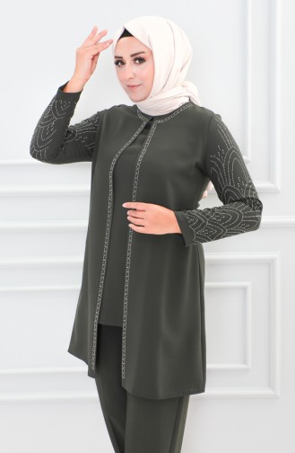 Großer Abendkleid-Anzug Mit Steinmuster 6121-03 Khaki 6121-03
