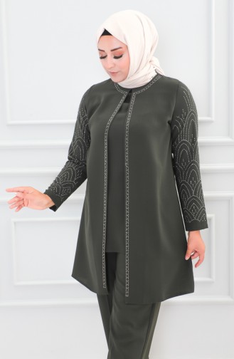 Großer Abendkleid-Anzug Mit Steinmuster 6121-03 Khaki 6121-03