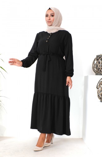 Büyük Beden Eteği Büzgülü Elbise 1601-04 Siyah
