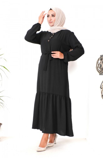 Büyük Beden Eteği Büzgülü Elbise 1601-04 Siyah