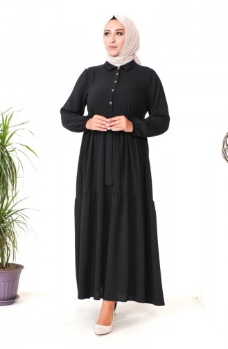 Robe Froncee Boutonnée Grande Taille 1701-01 Noir 1701-01