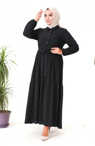 Robe Froncee Boutonnée Grande Taille 1701-01 Noir 1701-01