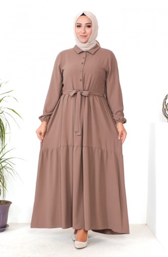 Plus Size Buttoned Shirred Dress 1701-02 Brown 1701-02