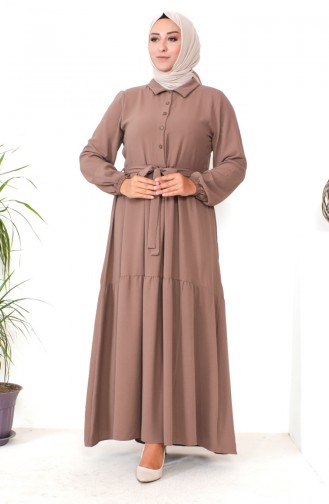 Plus Size Buttoned Shirred Dress 1701-02 Brown 1701-02