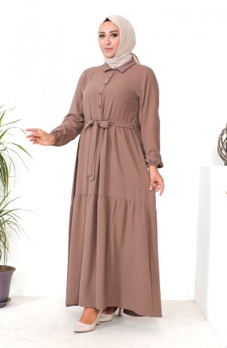Plus Size Buttoned Shirred Dress 1701-02 Brown 1701-02
