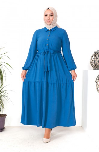 Plus Size Buttoned Shirred Dress 1701-07 İndigo 1701-07