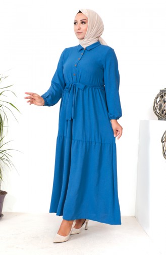 Plus Size Buttoned Shirred Dress 1701-07 İndigo 1701-07