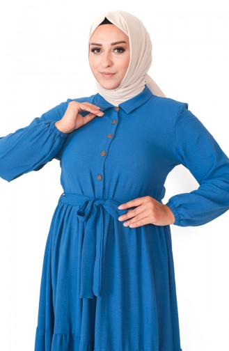 Plus Size Buttoned Shirred Dress 1701-07 İndigo 1701-07