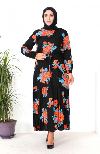 Plus Size Patterned Viscose Dress 1801-02 Black Orange 1801-02