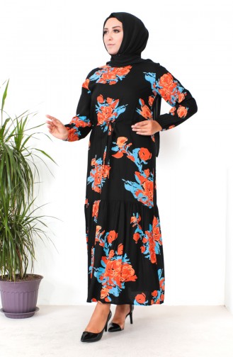 Plus Size Patterned Viscose Dress 1801-02 Black Orange 1801-02
