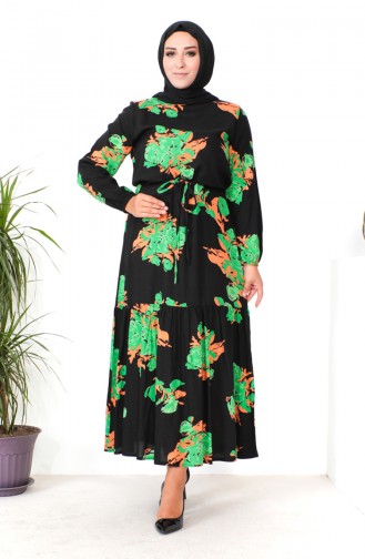 Plus Size Patterned Viscose Dress 1801-03 Black Green 1801-03