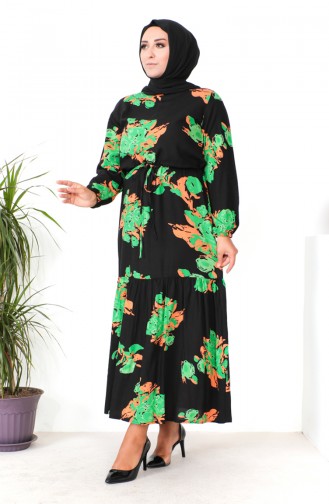 Plus Size Patterned Viscose Dress 1801-03 Black Green 1801-03
