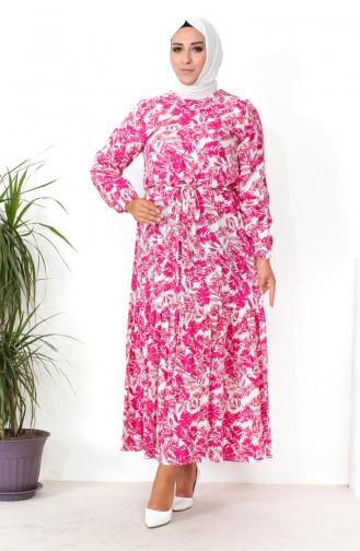 Plus Size Patterned Viscose Dress 1819-01 Fuchsia 1819-01