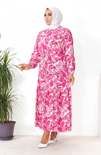 Plus Size Patterned Viscose Dress 1819-01 Fuchsia 1819-01
