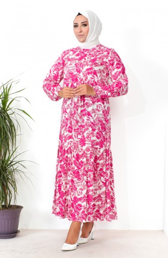 Plus Size Patterned Viscose Dress 1819-01 Fuchsia 1819-01