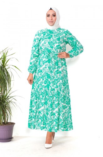 Plus Size Patterned Viscose Dress 1819-03 Green 1819-03