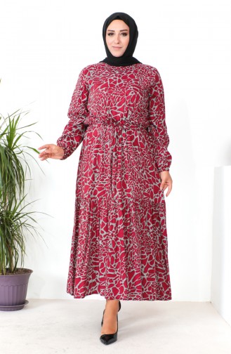 Plus Size Patterned Viscose Dress 1825-03 Claret Red 1825-03