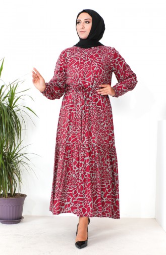 Plus Size Patterned Viscose Dress 1825-03 Claret Red 1825-03