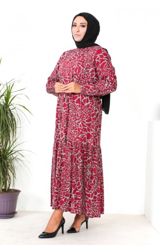 Plus Size Patterned Viscose Dress 1825-03 Claret Red 1825-03