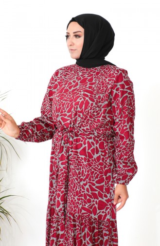 Plus Size Patterned Viscose Dress 1825-03 Claret Red 1825-03