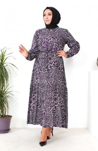 Plus Size Patterned Viscose Dress 1825-06 Purple 1825-06