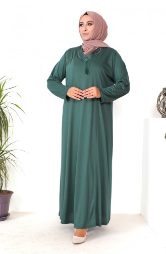 Büyük Beden Taş Baskılı Penye Elbise 4932-05 Koyu Yeşil