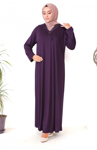 Plus Size Stone Printed Combed Cotton Dress 4932-06 Purple 4932-06