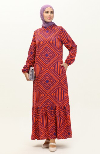 Pleated Skirt Patterned Viscose Dress 0149-01 Orange 0149-01