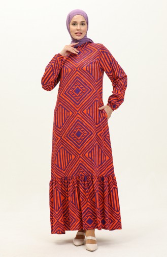 Pleated Skirt Patterned Viscose Dress 0149-01 Orange 0149-01