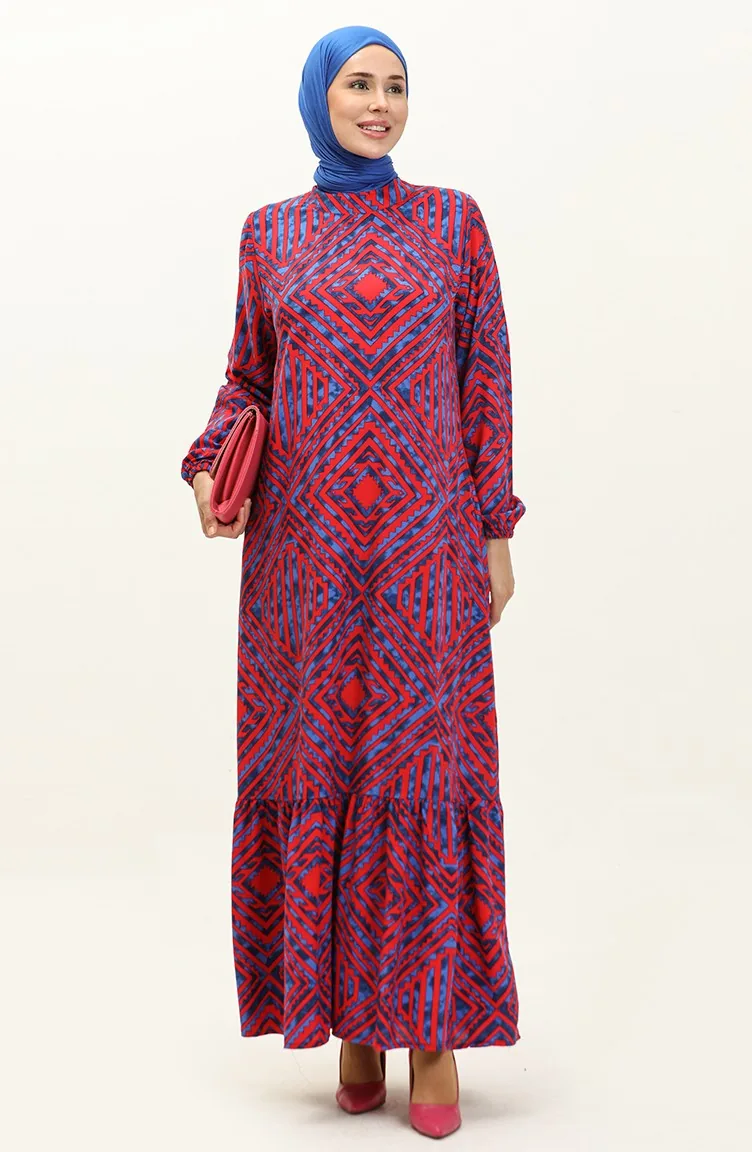 Robe Viscose A Motifs Jupe Plissée 0149-02 Rouge 0149-02