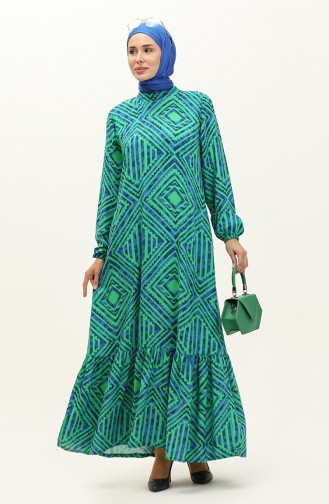 Shirred Hem Patterned Viscose Dress 0149-03 Green 0149-03