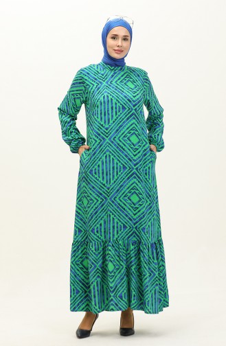 Eteği Büzgülü Desenli Viskon Elbise 0149-03 Yeşil