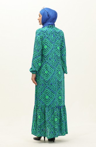 Eteği Büzgülü Desenli Viskon Elbise 0149-03 Yeşil
