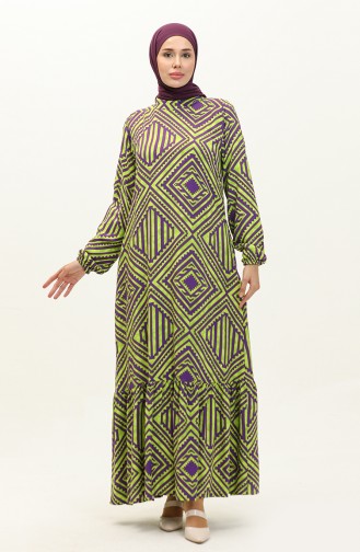 Shirred Hem Patterned Viscose Dress 0149-04 Peanut Green 0149-04