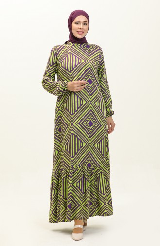 Shirred Hem Patterned Viscose Dress 0149-04 Peanut Green 0149-04