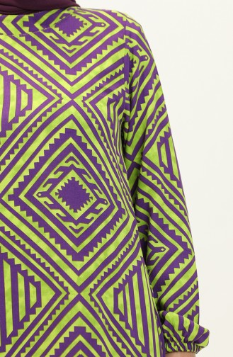 Eteği Büzgülü Desenli Viskon Elbise 0149-04 Fıstık Yeşili