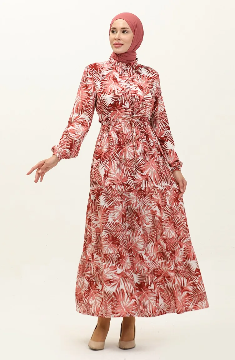 Robe Viscose à Motifs Palmiers 0231-02 Rouge Claret Foncé 0231-02