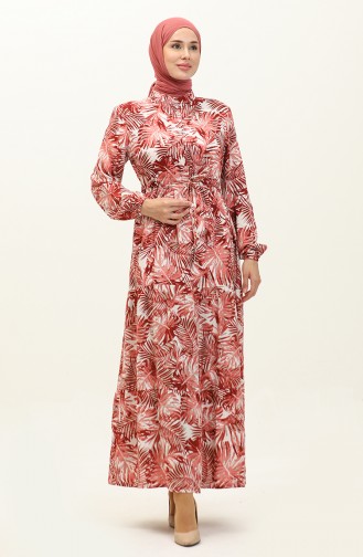 فستان فيسكوز بتصميم شجرة نخيل 0231-02 لون خمري داكن 0231-02