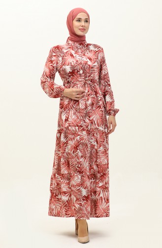 Palm Patterned Viscose Dress 0231-02 Dark Claret Red 0231-02