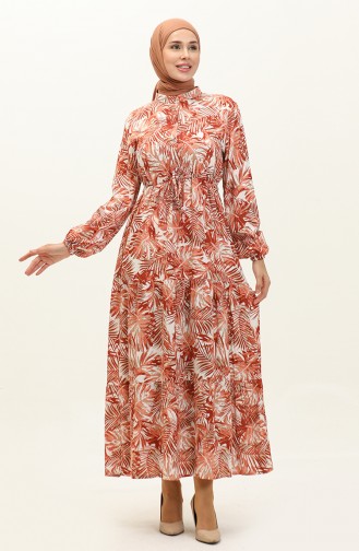 Palm Patterned Viscose Dress 0231-04 Brick Red 0231-04