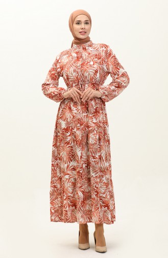 Palm Patterned Viscose Dress 0231-04 Brick Red 0231-04