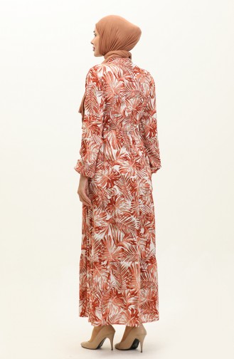 Palm Patterned Viscose Dress 0231-04 Brick Red 0231-04