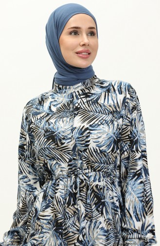 Palm Patterned Viscose Dress 0231-05 Navy Blue 0231-05