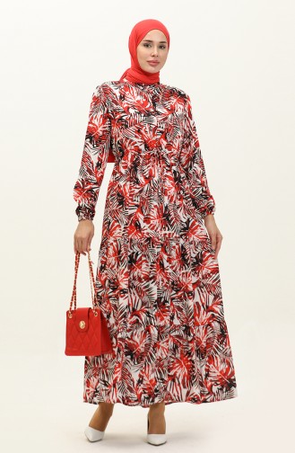 Palm Patterned Viscose Dress 0231-06 Red 0231-06