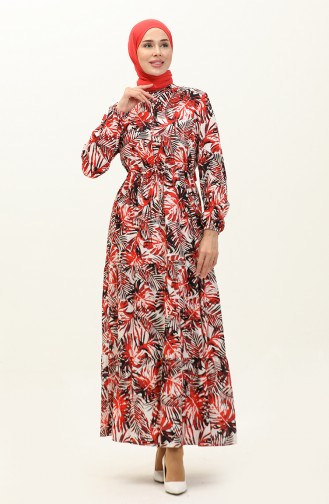 Palmiye Desenli Viskon Elbise 0231-06 Kırmızı