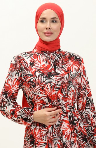 Palmiye Desenli Viskon Elbise 0231-06 Kırmızı