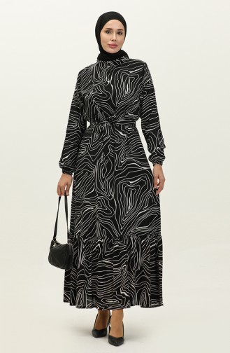 Line Patterned Belted Viscose Dress 0234-01 Black 0234-01